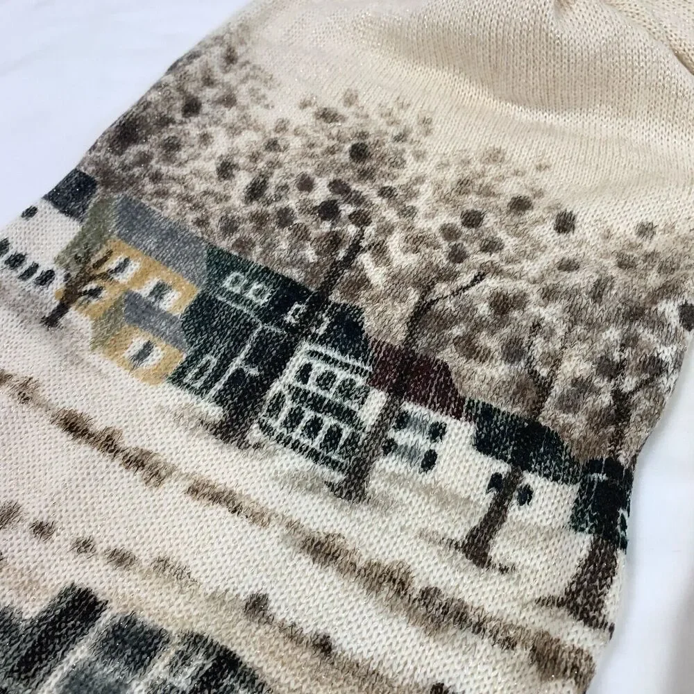 Anthropologie Hani Min Hand Painted Merino Wool Scarf Winter Visit Village Scene